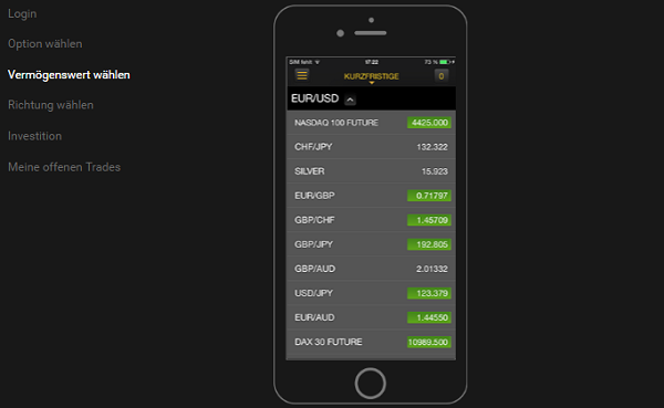 24option App Vermögenswert auswählen