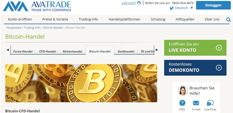 Bei AvaTrade kann man CFDs auf Bitcoin, Ethereum, Ripple, Litecoin und Dash handeln.