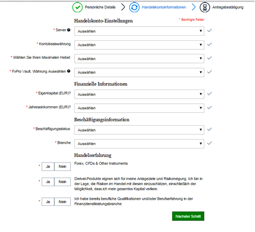 FxPro cTrader Handelskonto Einstellungen