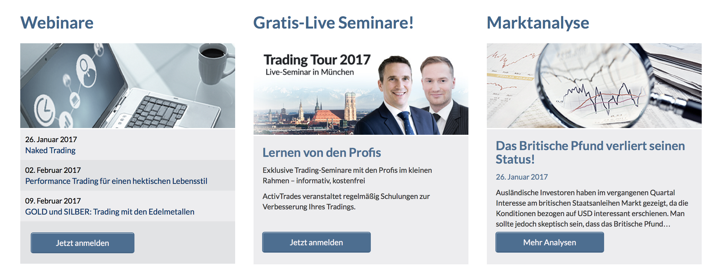 ActivTrades bietet z. B. kostenlose Live-Seminare für den Einstieg ins Trading.