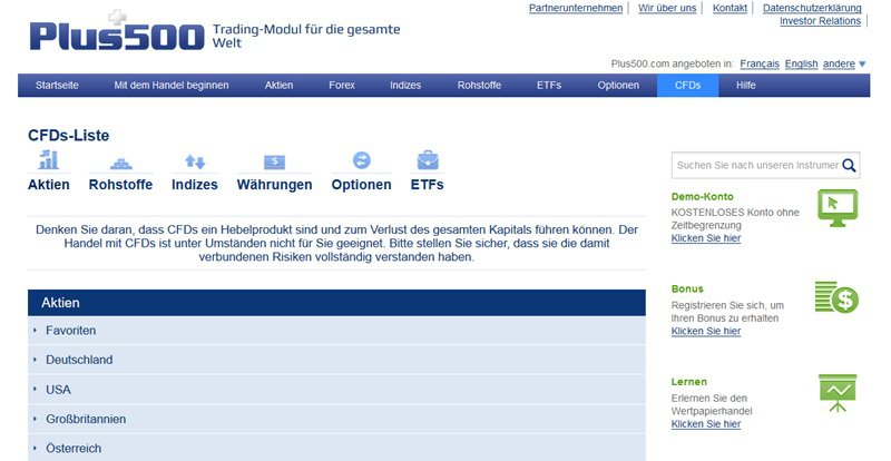 Screenshot Assetübersicht Plus500