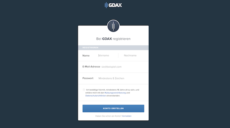 GDAX.com Registrierung