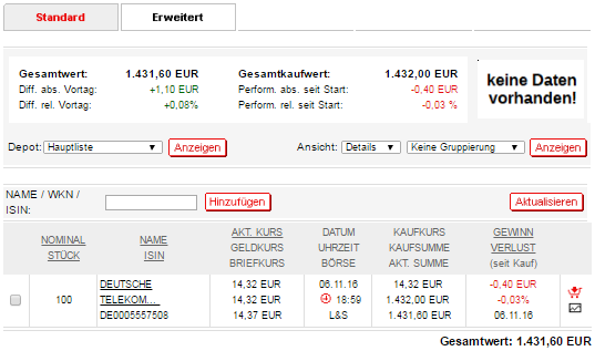 S-Broker-Übungsdepot-Hauptansicht